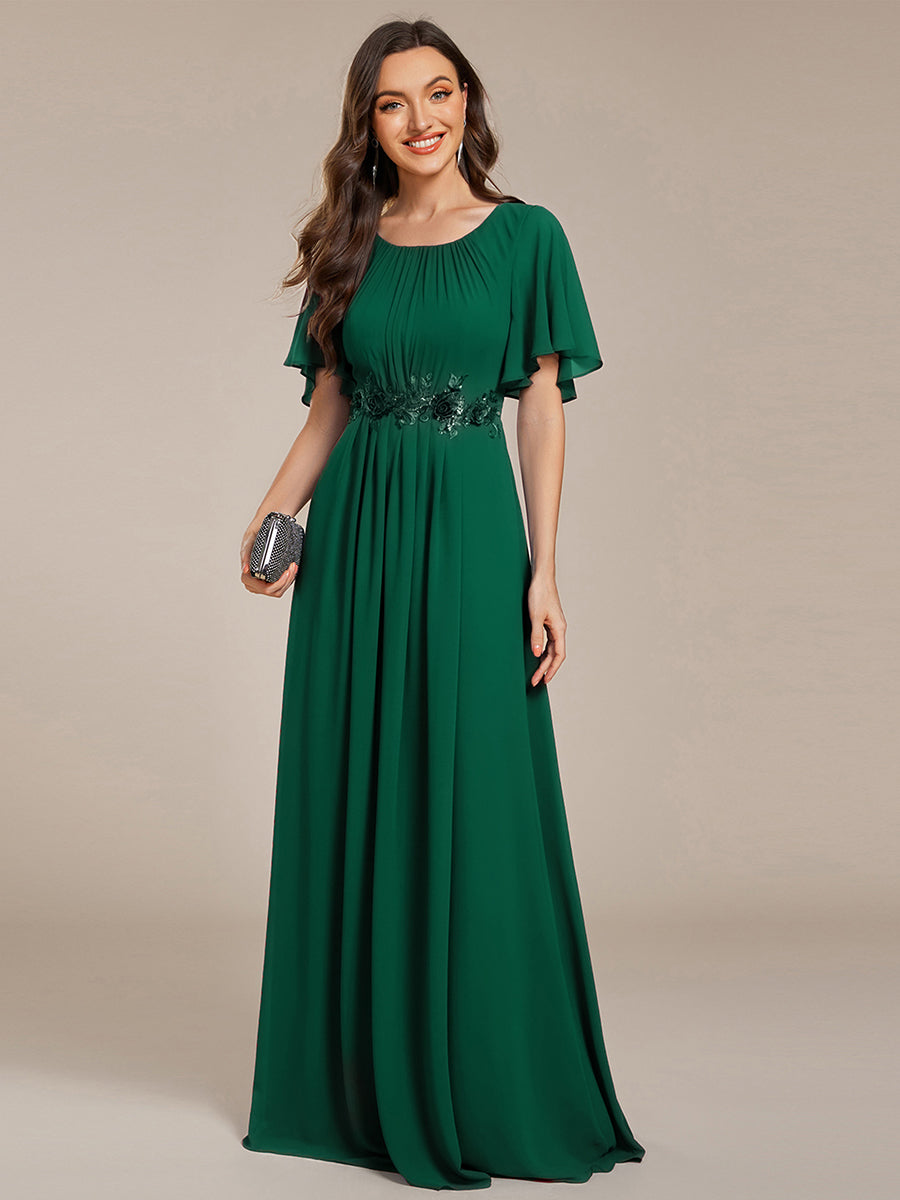 Color=Dark Green | Short Sleeves Pleated Applique A-Line Floor-Length Formal Evening Dress - EE02968-Dark Green 1