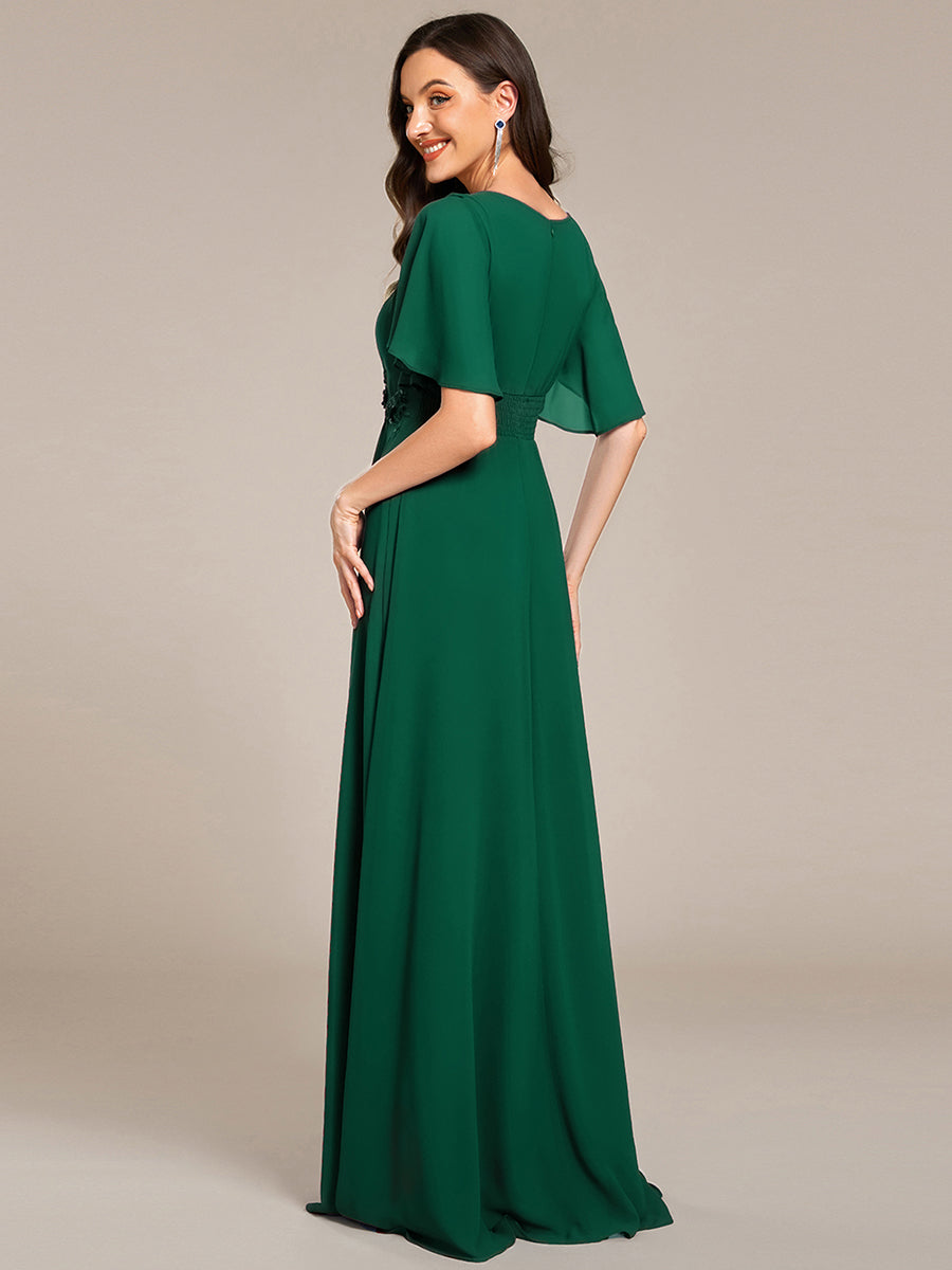 Color=Dark Green | Short Sleeves Pleated Applique A-Line Floor-Length Formal Evening Dress - EE02968-Dark Green 2