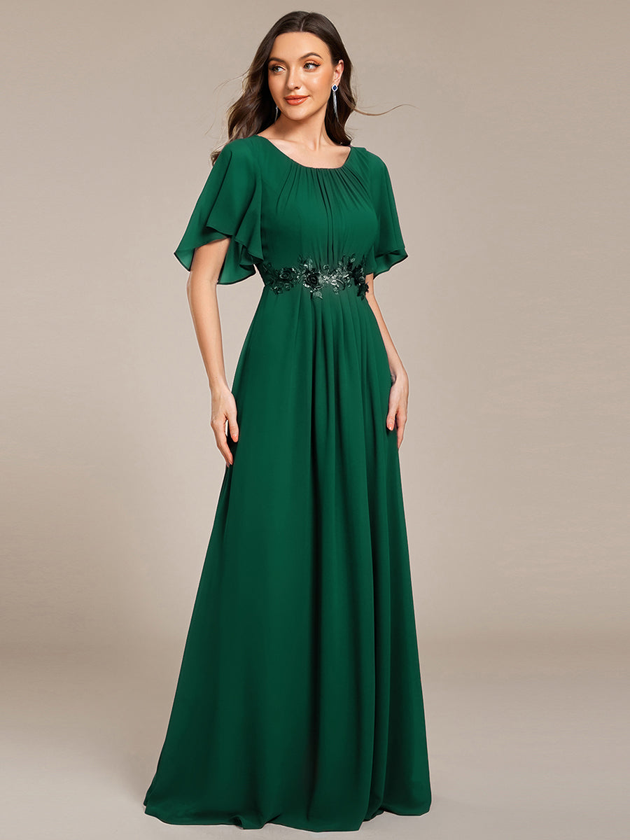 Color=Dark Green | Short Sleeves Pleated Applique A-Line Floor-Length Formal Evening Dress - EE02968-Dark Green 3