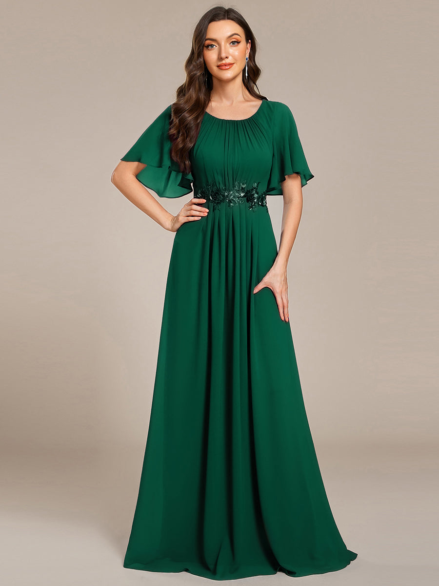 Color=Dark Green | Short Sleeves Pleated Applique A-Line Floor-Length Formal Evening Dress - EE02968-Dark Green 4
