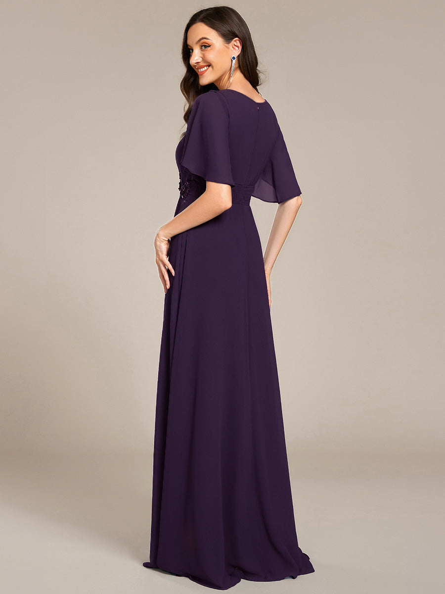 Color=Dark Purple | Short Sleeves Pleated Applique A-Line Floor-Length Formal Evening Dress - EE02968-Dark Purple 2