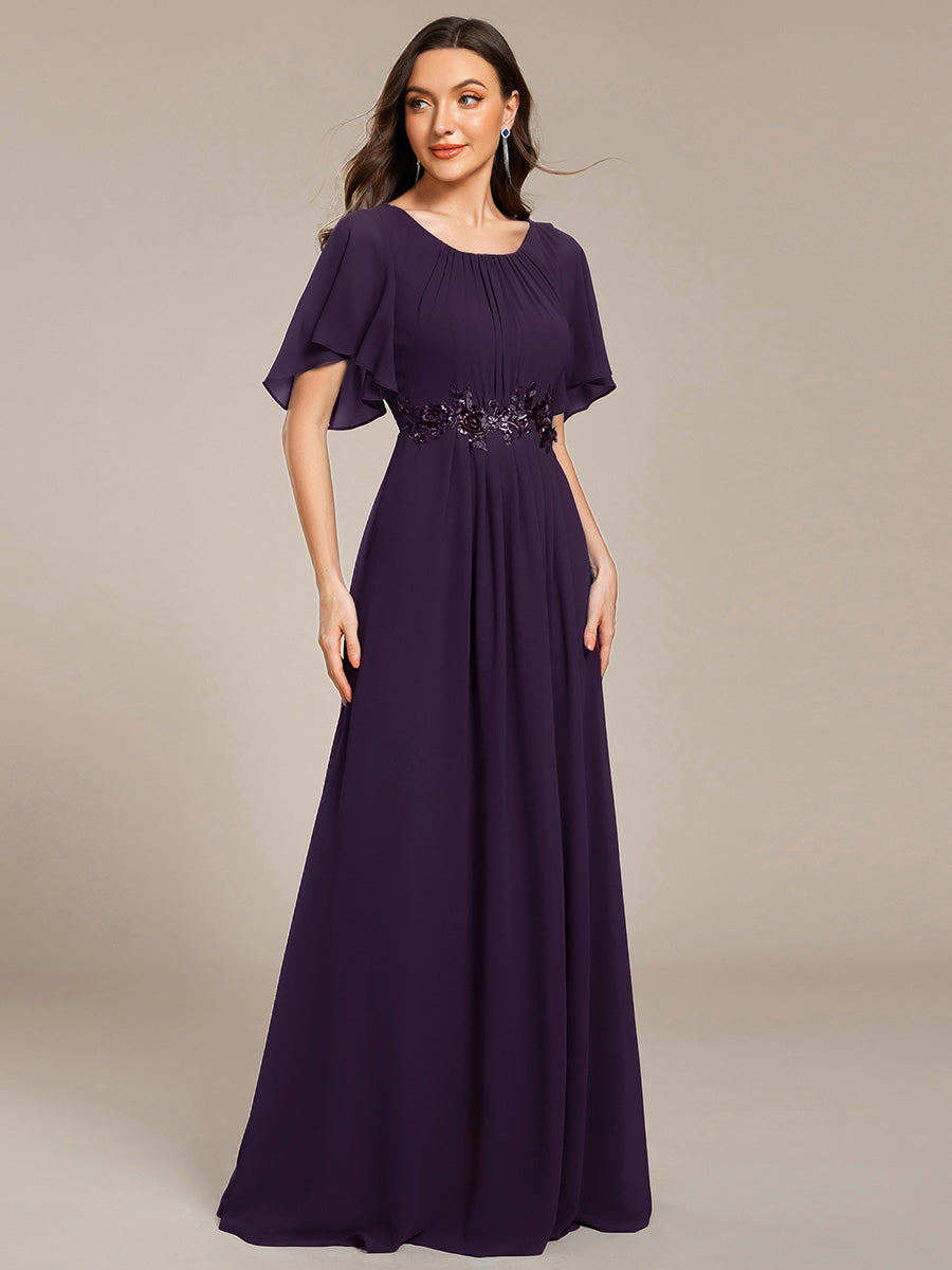 Color=Dark Purple | Short Sleeves Pleated Applique A-Line Floor-Length Formal Evening Dress - EE02968-Dark Purple 3