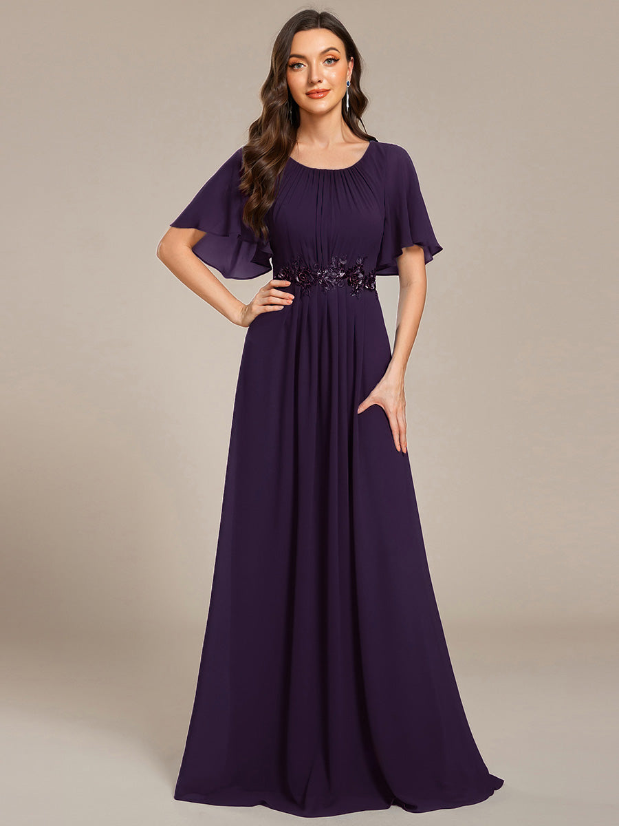 Color=Dark Purple | Short Sleeves Pleated Applique A-Line Floor-Length Formal Evening Dress - EE02968-Dark Purple 4