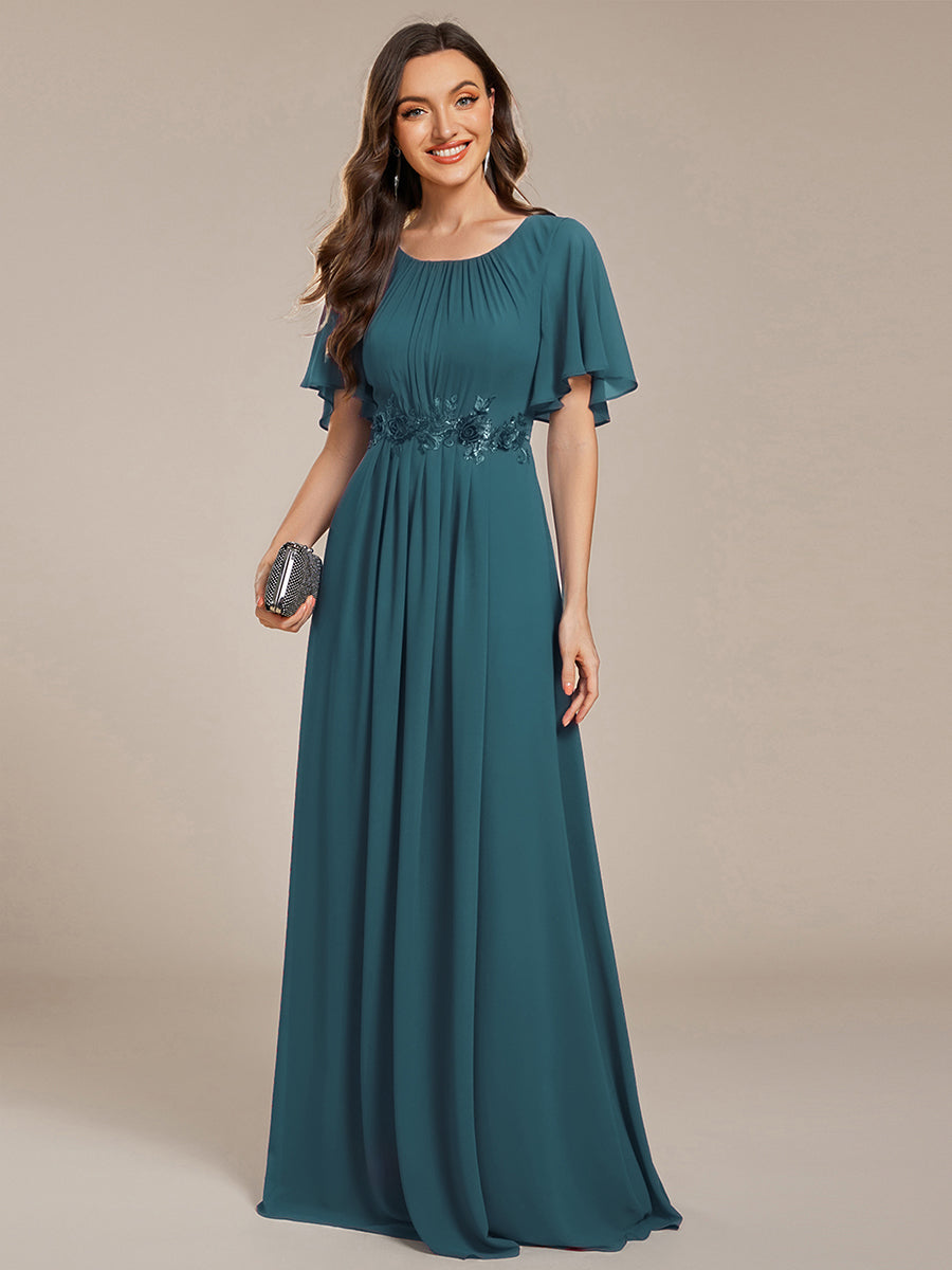 Color=Teal | Short Sleeves Pleated Applique A-Line Floor-Length Formal Evening Dress - EE02968-Teal 1