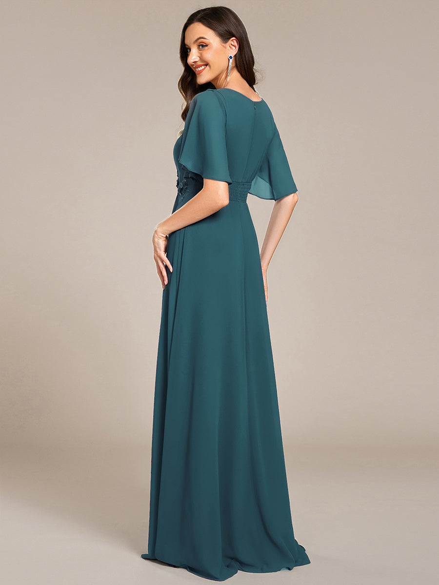 Color=Teal | Short Sleeves Pleated Applique A-Line Floor-Length Formal Evening Dress - EE02968-Teal 2