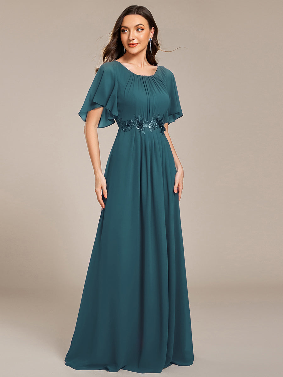 Color=Teal | Short Sleeves Pleated Applique A-Line Floor-Length Formal Evening Dress - EE02968-Teal 3