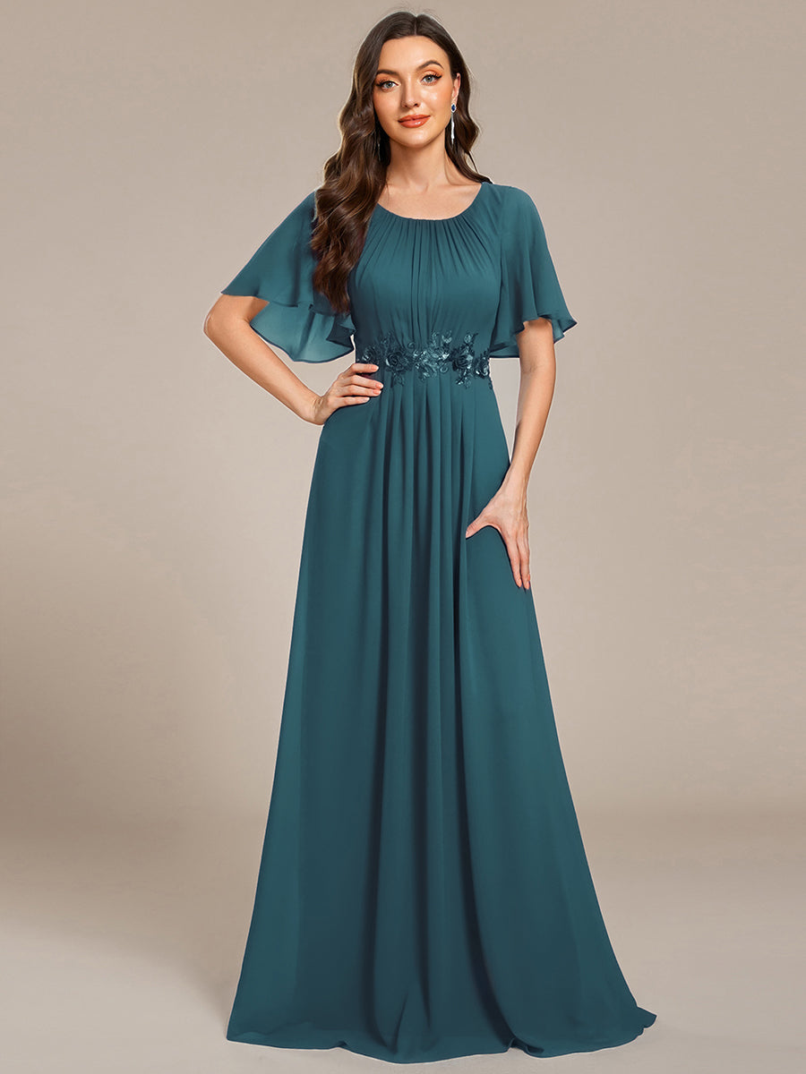 Color=Teal | Short Sleeves Pleated Applique A-Line Floor-Length Formal Evening Dress - EE02968-Teal 4