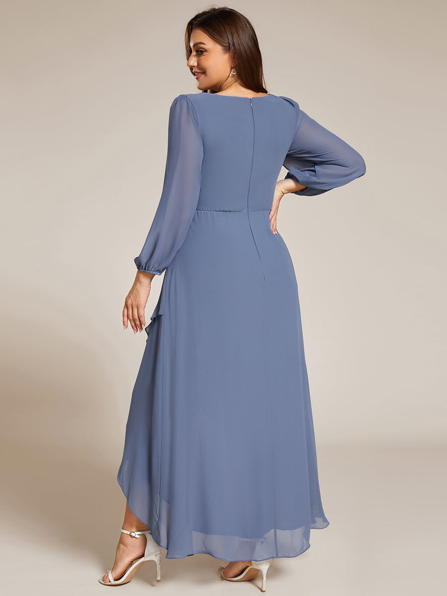 Color=Dusty Blue | Elegant Plus Size Applique Empire Waist Nine-Length Chiffon Evening Dresses with Regular fold stream Asymmetrical Hem-Dusty Blue 12