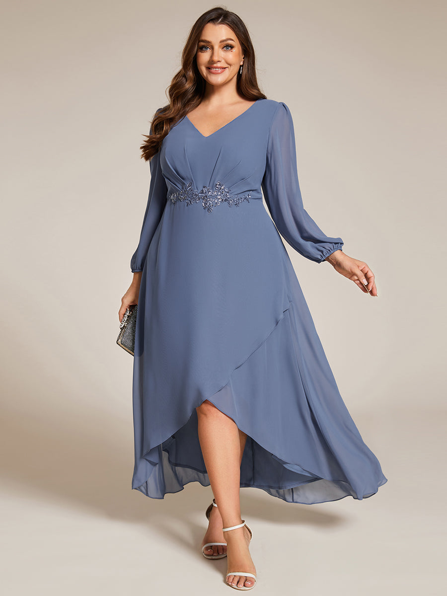 Color=Dusty Blue | Elegant Plus Size Applique Empire Waist Nine-Length Chiffon Evening Dresses with Regular fold stream Asymmetrical Hem-Dusty Blue 13