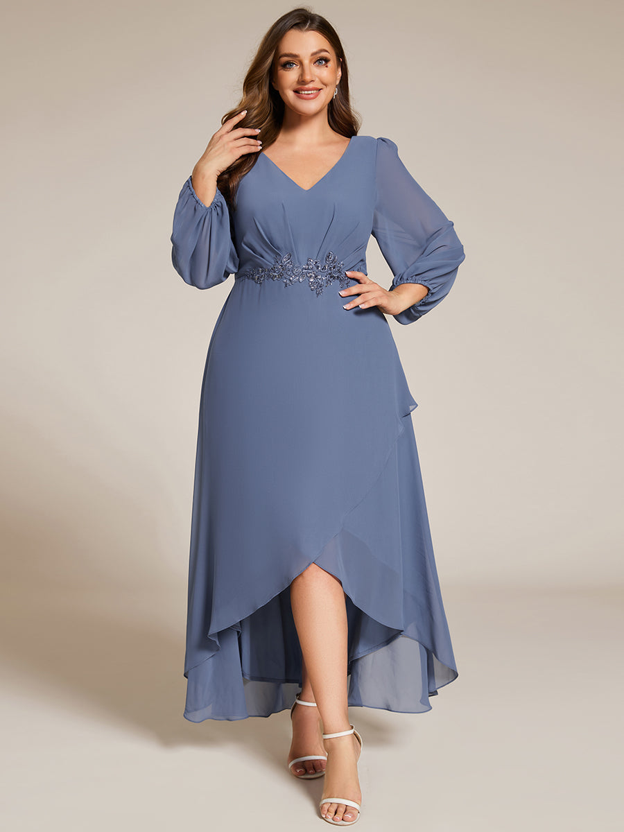 Color=Dusty Blue | Elegant Plus Size Applique Empire Waist Nine-Length Chiffon Evening Dresses with Regular fold stream Asymmetrical Hem-Dusty Blue 14