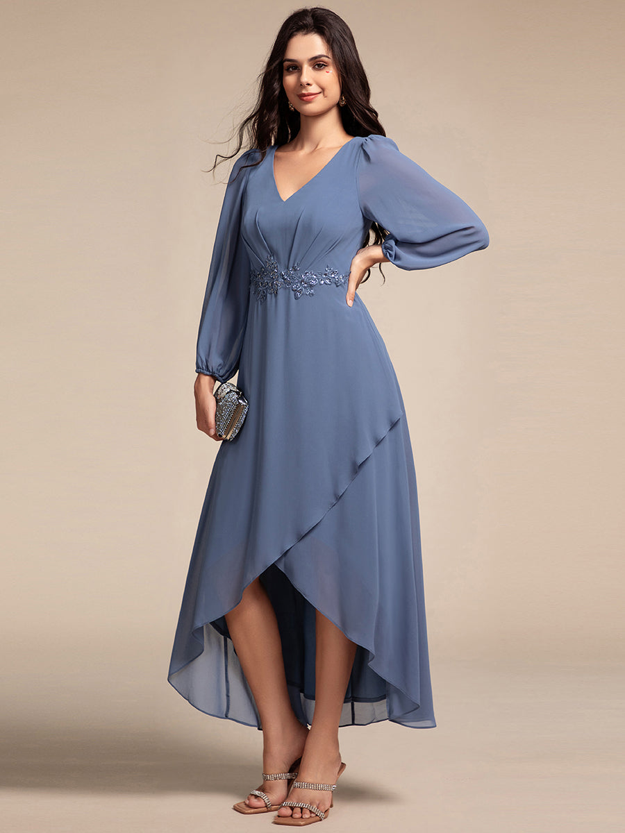 Color=Dusty Blue | Elegant Applique Empire Waist Nine-Length Chiffon Evening Dresses with Regular fold stream Asymmetrical Hem-Dusty Blue 14