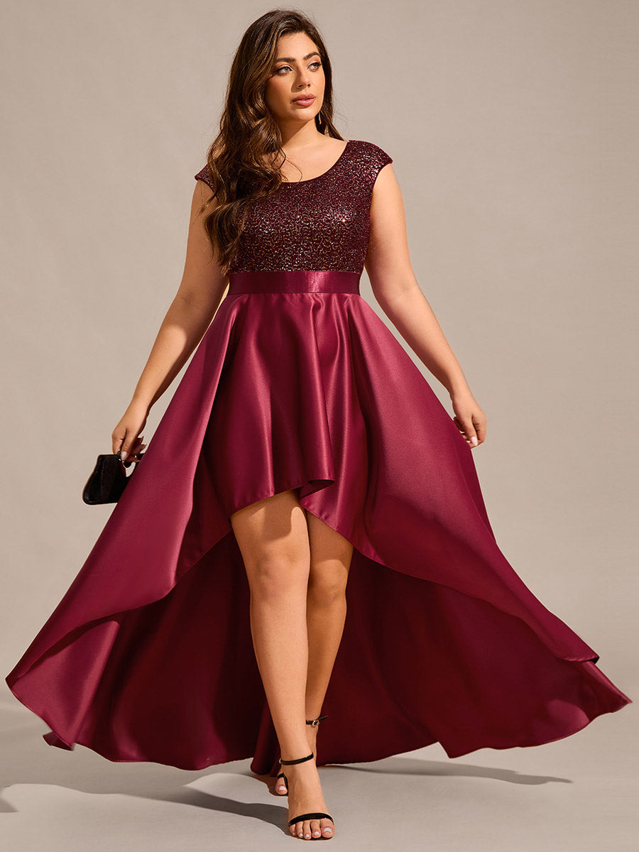 Plus Size Elegant Round Neck Asymmetrical Hem Sequin Contrast Satin Dr Plus Size Elegant Round Neck Asymmetrical Hem Sequin Contrast Satin Dr