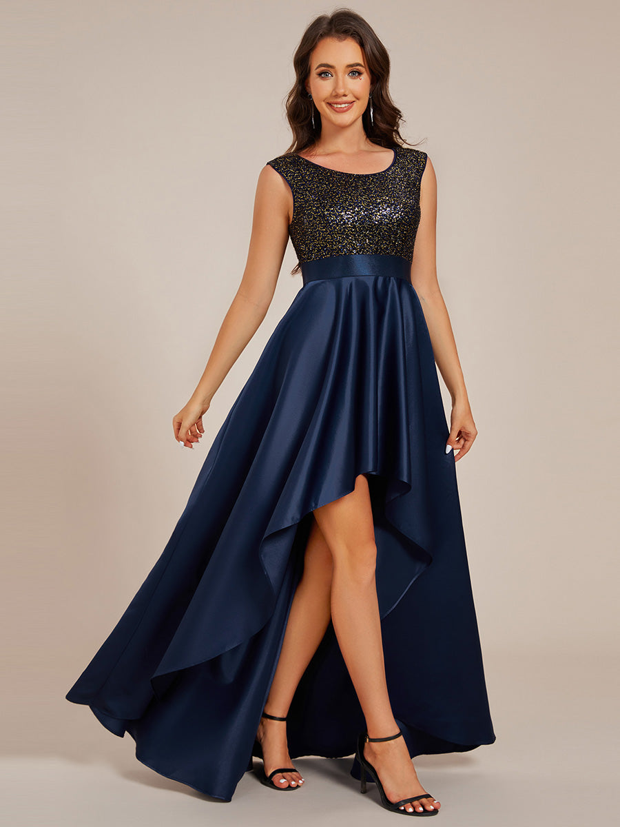 Elegant Round Neck Asymmetrical Hem Sequin Contrast Satin Dresses with Elegant Round Neck Asymmetrical Hem Sequin Contrast Satin Dresses with
