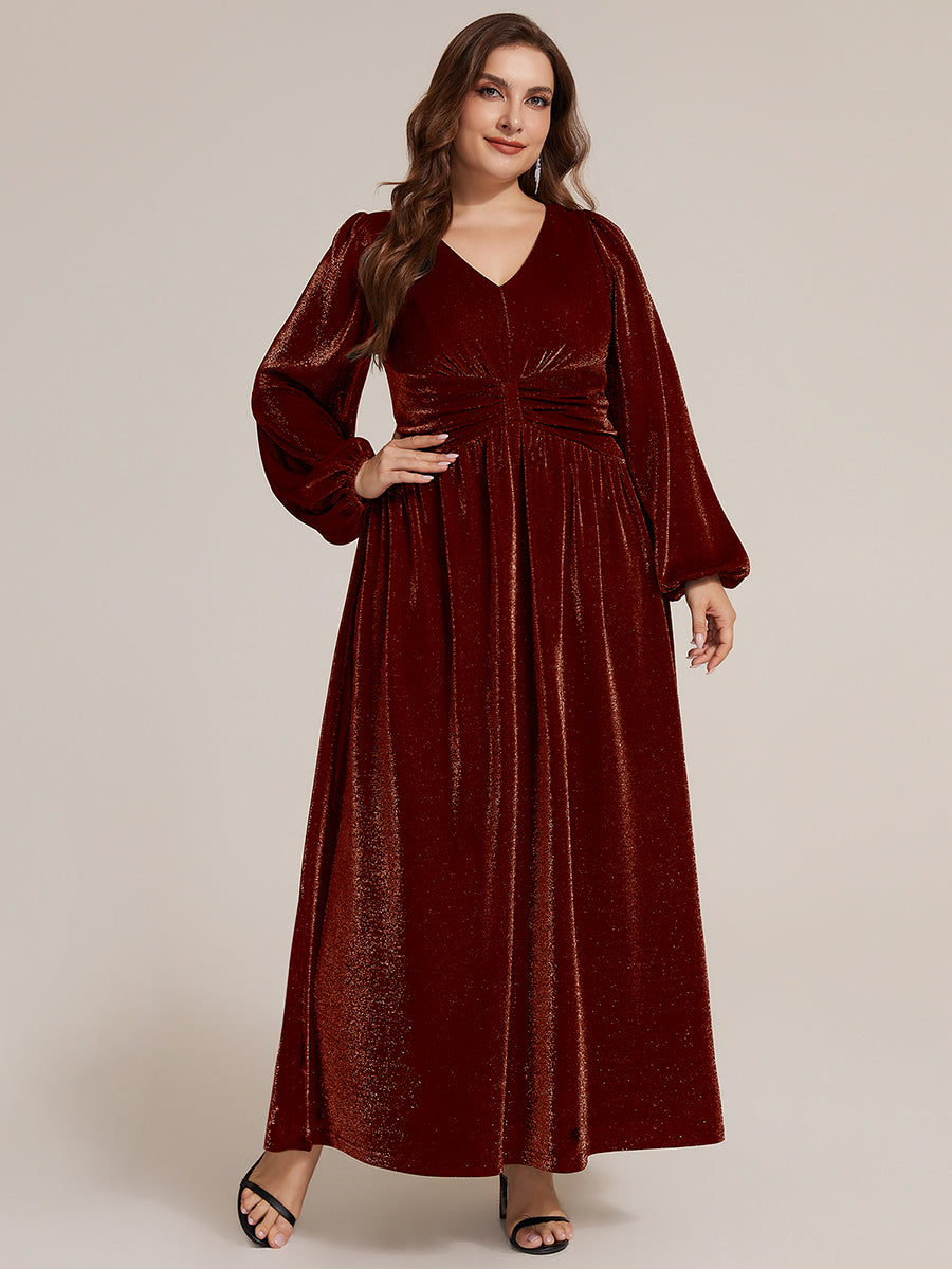 Color=Burgundy | Factory Design Long Sleeve Puff Sleeve V-Neck A-Line High Stretch Maxi Evening Dresses-Burgundy 10