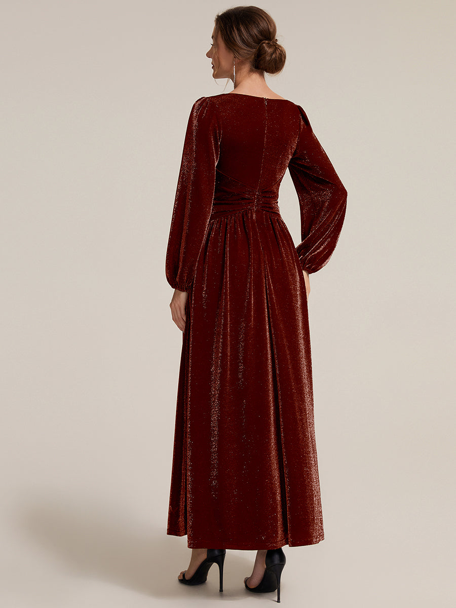 Color=Burgundy | Factory Design Long Sleeve Puff Sleeve V-Neck A-Line High Stretch Maxi Evening Dresses-Burgundy 2