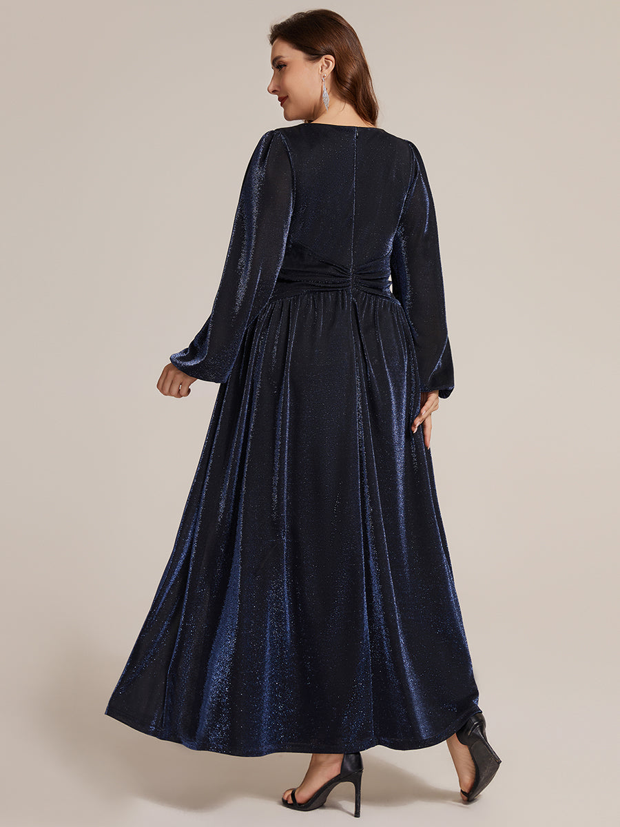Color=Navy Blue | Factory Design Long Sleeve Puff Sleeve V-Neck A-Line High Stretch Maxi Evening Dresses-Navy Blue 17