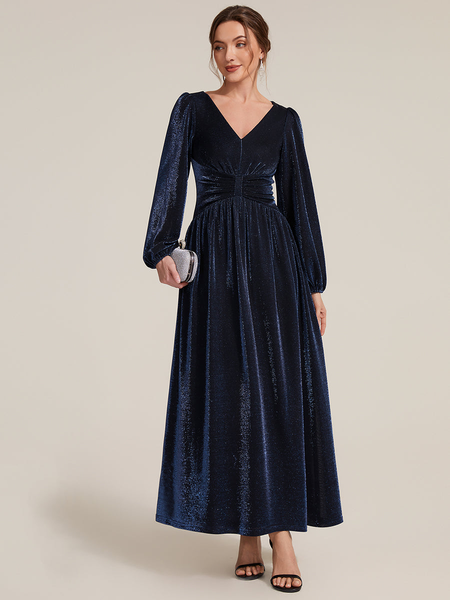 Color=Navy Blue | Factory Design Long Sleeve Puff Sleeve V-Neck A-Line High Stretch Maxi Evening Dresses-Navy Blue 15