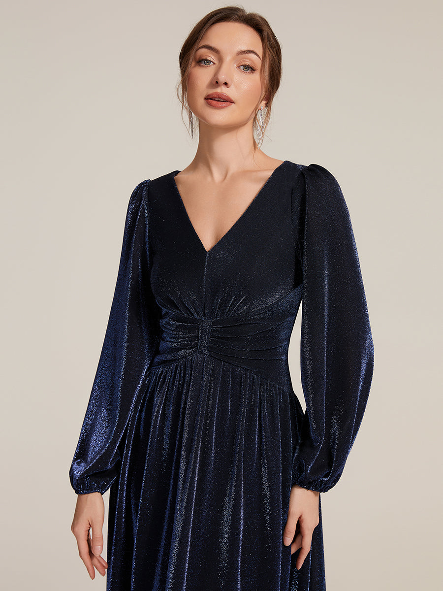 Color=Navy Blue | Factory Design Long Sleeve Puff Sleeve V-Neck A-Line High Stretch Maxi Evening Dresses-Navy Blue 13