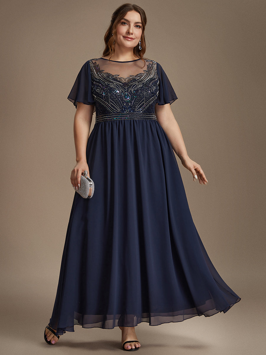 Color=Navy Blue | Wholesale Pricing Short Sleeve Ruffle A-Line Maxi Dress with Beaded Details Evening Dresses-Navy Blue 6