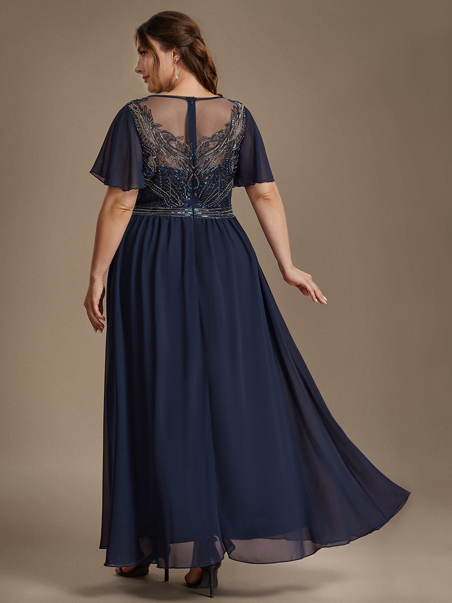 Color=Navy Blue | Wholesale Pricing Short Sleeve Ruffle A-Line Maxi Dress with Beaded Details Evening Dresses-Navy Blue 7