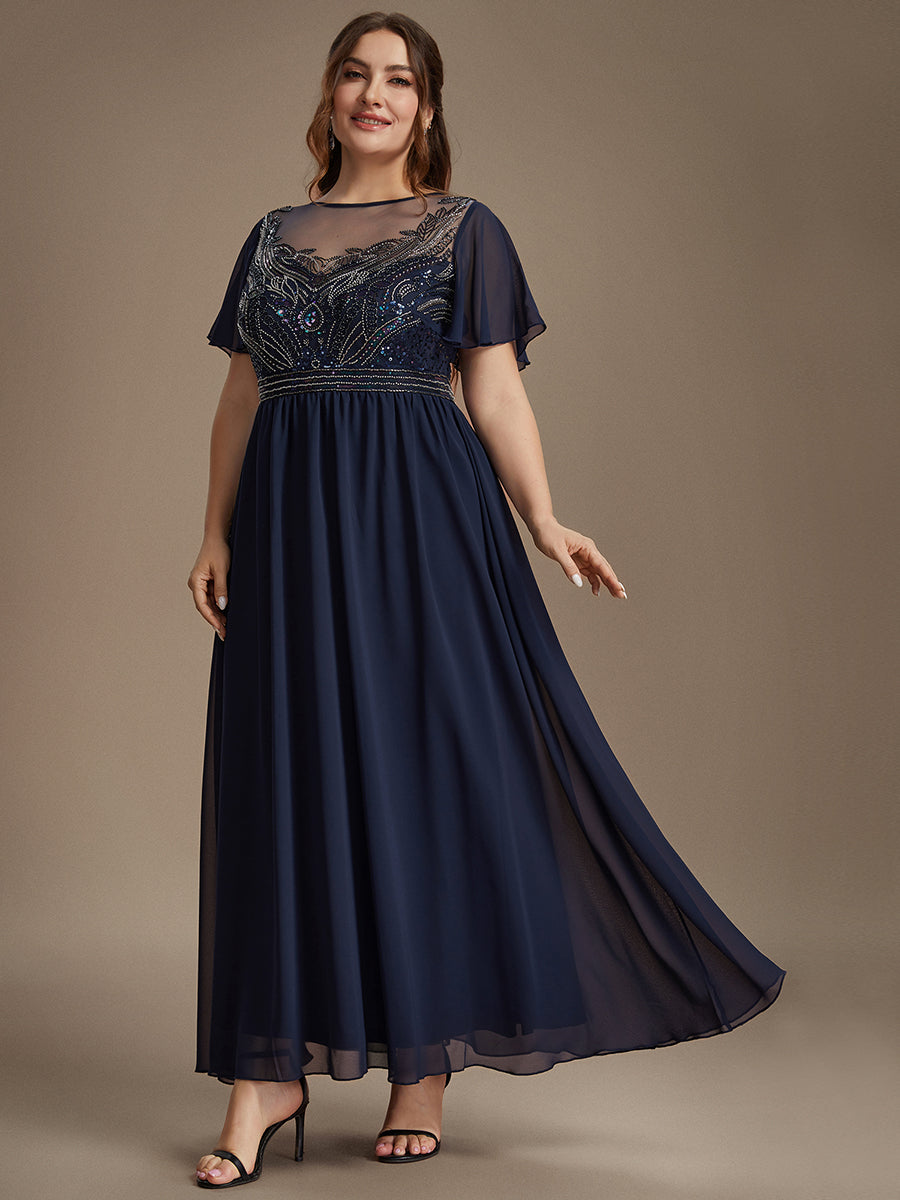 Color=Navy Blue | Wholesale Pricing Short Sleeve Ruffle A-Line Maxi Dress with Beaded Details Evening Dresses-Navy Blue 9