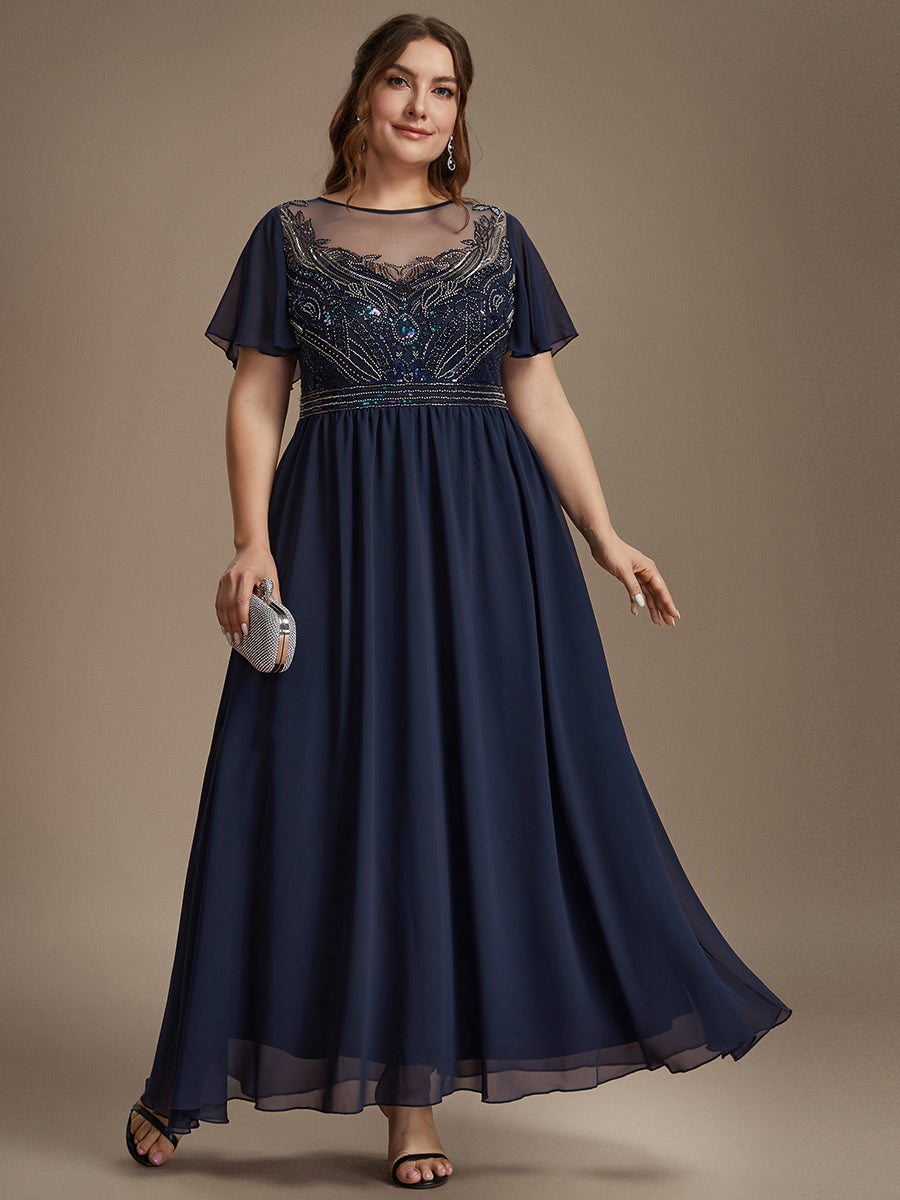 Color=Navy Blue | Wholesale Pricing Short Sleeve Ruffle A-Line Maxi Dress with Beaded Details Evening Dresses-Navy Blue 10