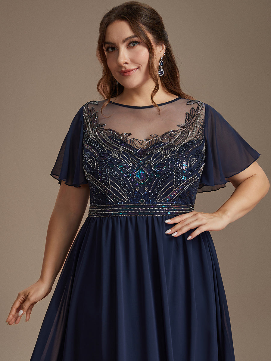Color=Navy Blue | Wholesale Pricing Short Sleeve Ruffle A-Line Maxi Dress with Beaded Details Evening Dresses-Navy Blue 8