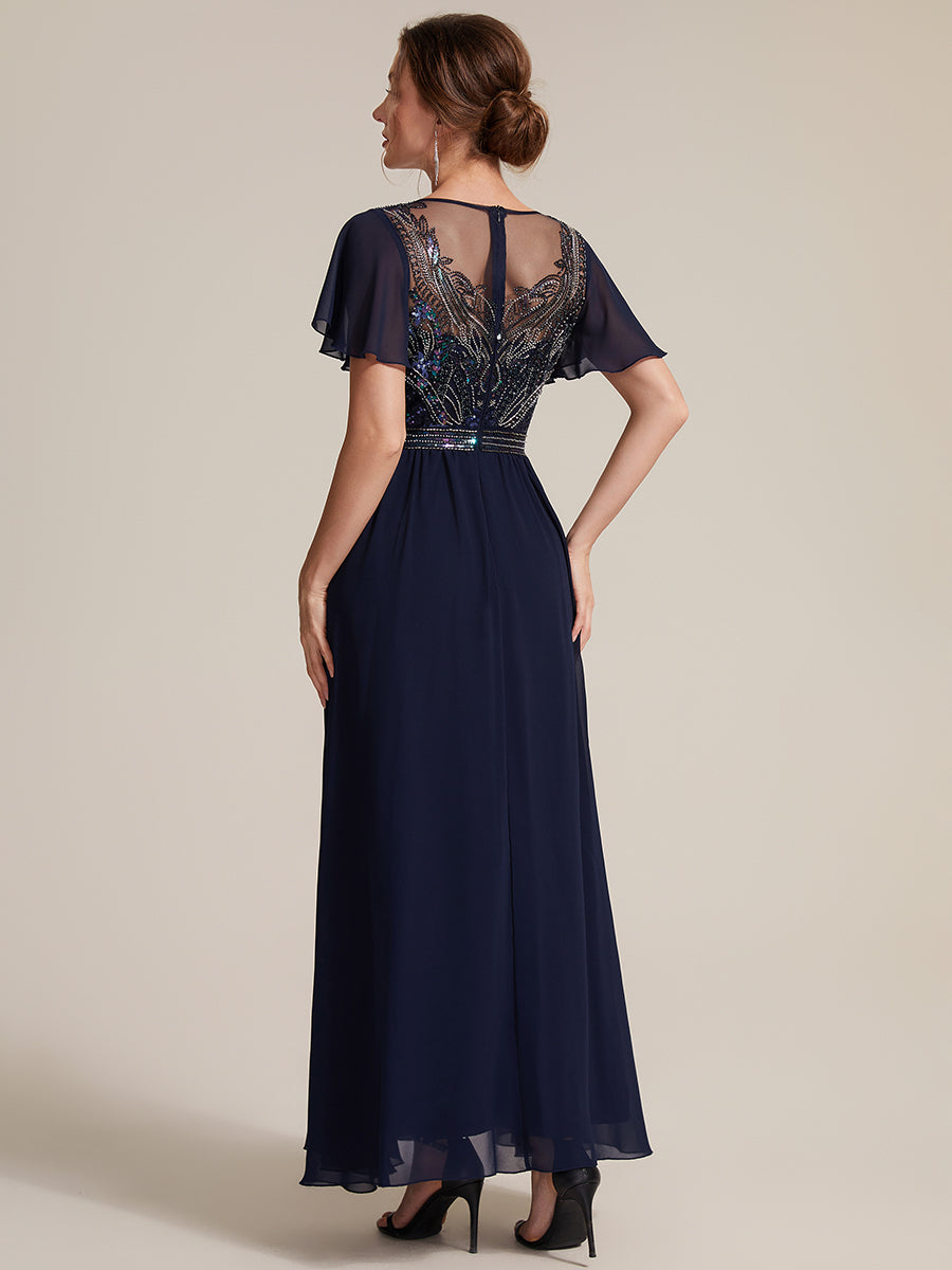 Color=Navy Blue | Wholesale Pricing Short Sleeve Ruffle A-Line Maxi Dress with Beaded Details Evening Dresses-Navy Blue 2
