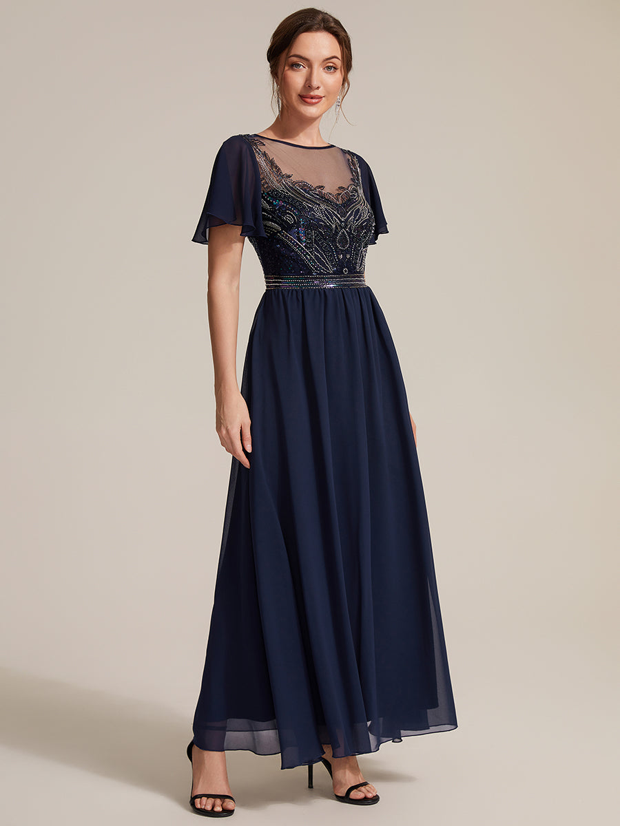 Color=Navy Blue | Wholesale Pricing Short Sleeve Ruffle A-Line Maxi Dress with Beaded Details Evening Dresses-Navy Blue 4