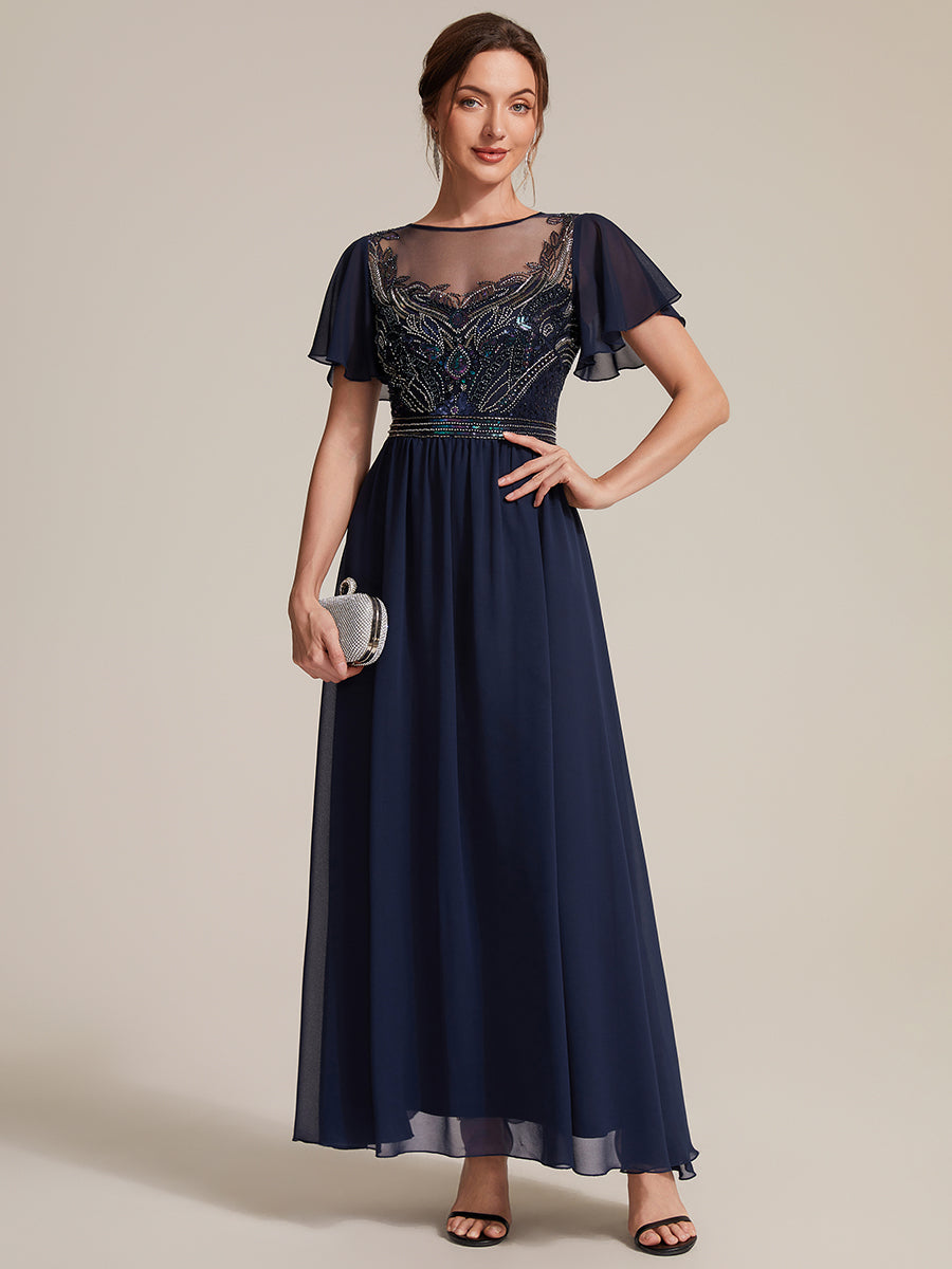Color=Navy Blue | Wholesale Pricing Short Sleeve Ruffle A-Line Maxi Dress with Beaded Details Evening Dresses-Navy Blue 5