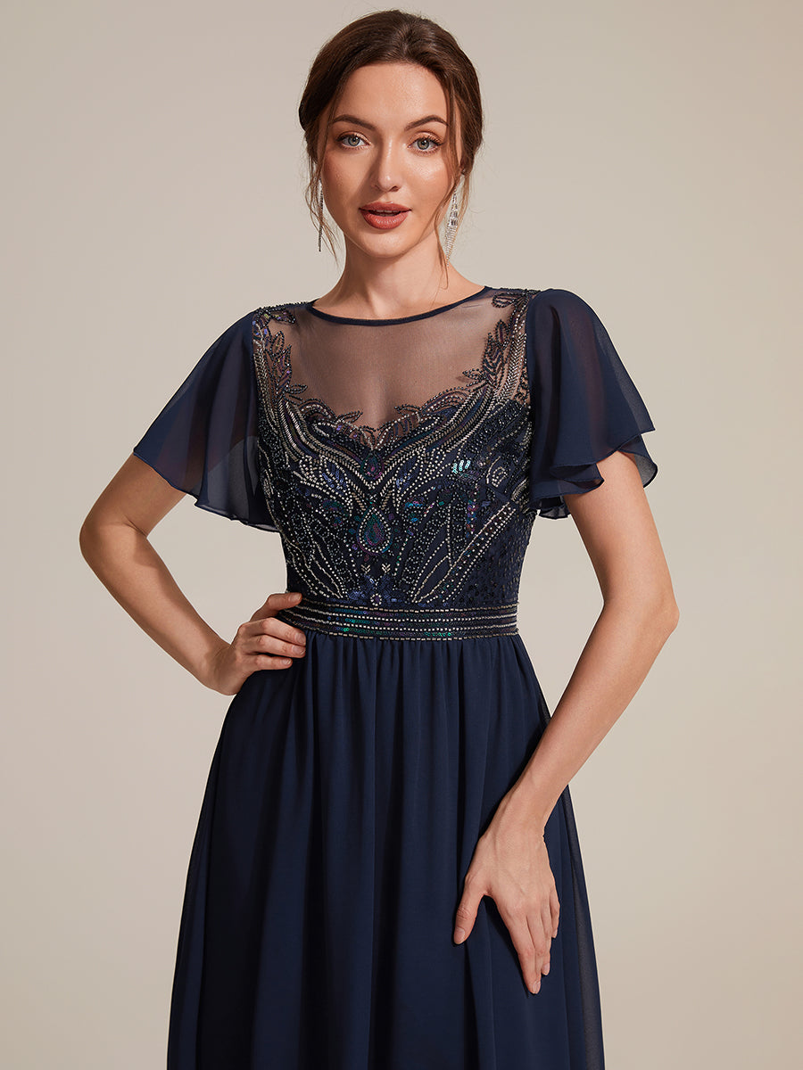 Color=Navy Blue | Wholesale Pricing Short Sleeve Ruffle A-Line Maxi Dress with Beaded Details Evening Dresses-Navy Blue 3