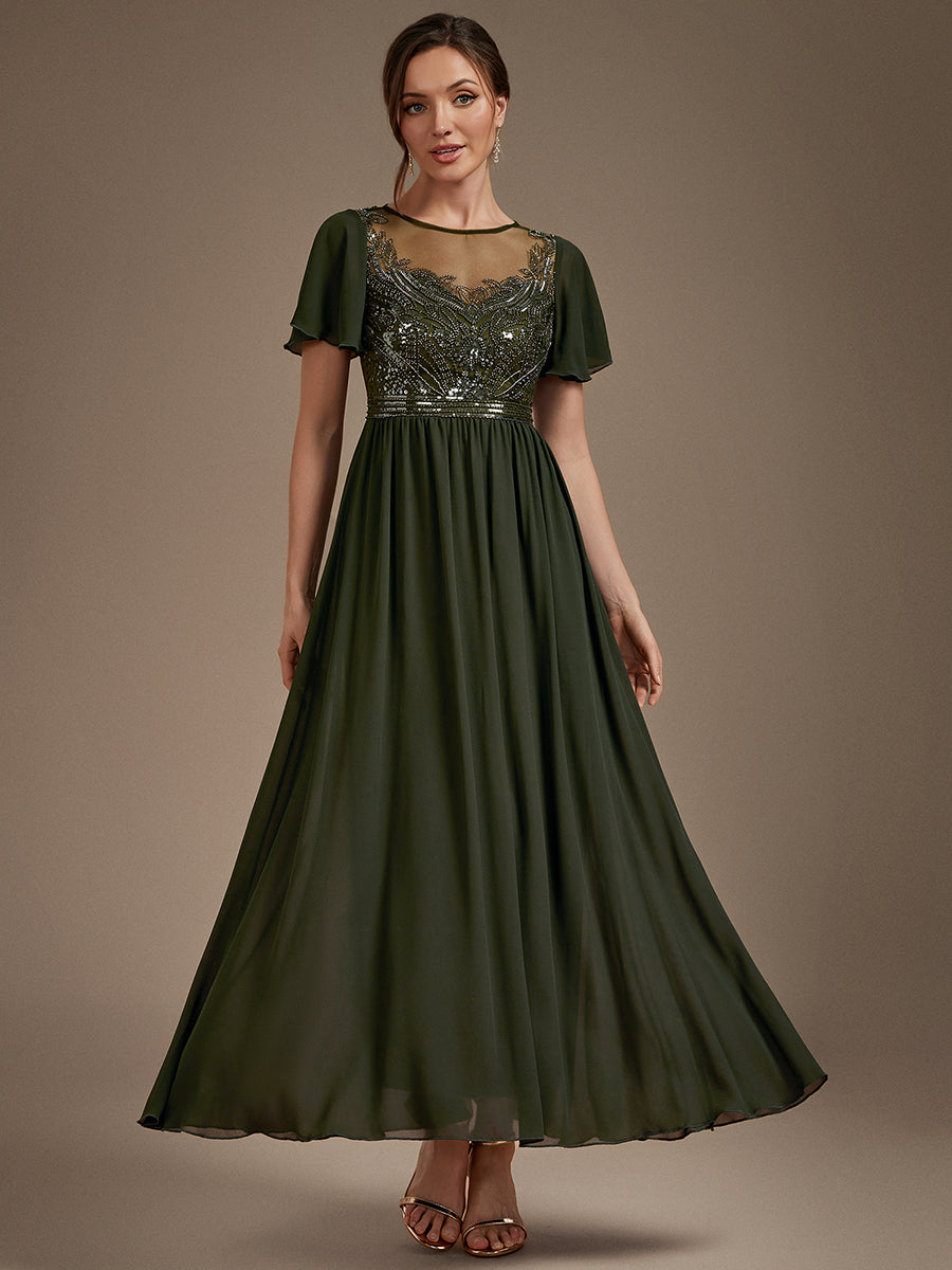 Color=Olive Green | Wholesale Pricing Short Sleeve Ruffle A-Line Maxi Dress with Beaded Details Evening Dresses-Olive Green 11