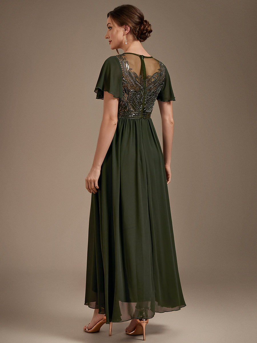 Color=Olive Green | Wholesale Pricing Short Sleeve Ruffle A-Line Maxi Dress with Beaded Details Evening Dresses-Olive Green 12