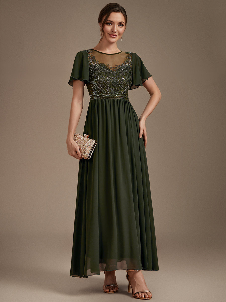 Color=Olive Green | Wholesale Pricing Short Sleeve Ruffle A-Line Maxi Dress with Beaded Details Evening Dresses-Olive Green 15