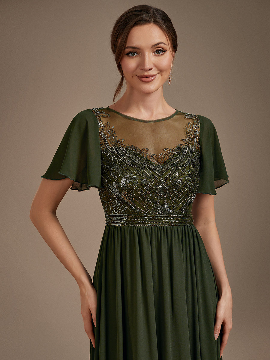 Color=Olive Green | Wholesale Pricing Short Sleeve Ruffle A-Line Maxi Dress with Beaded Details Evening Dresses-Olive Green 13