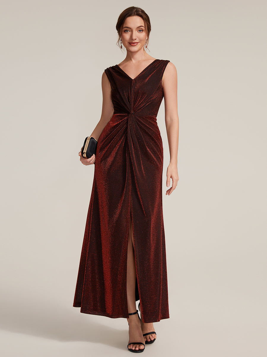 Color=Burgundy | Factory Design Sleeveless High Stretch V-Neck Sheath Maxi Dress with Knot Detail; Evening Dresses-Burgundy 1
