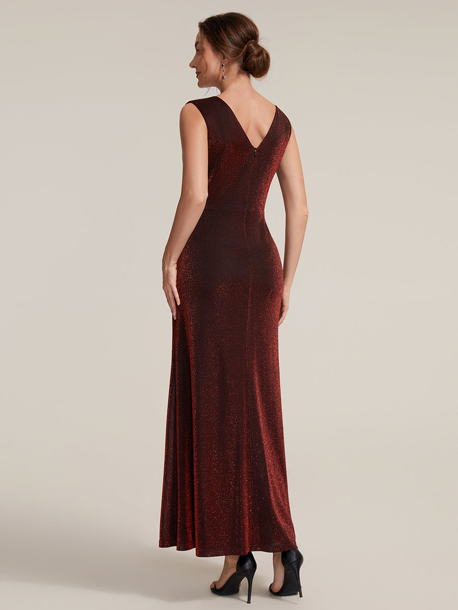 Color=Burgundy | Factory Design Sleeveless High Stretch V-Neck Sheath Maxi Dress with Knot Detail; Evening Dresses-Burgundy 2