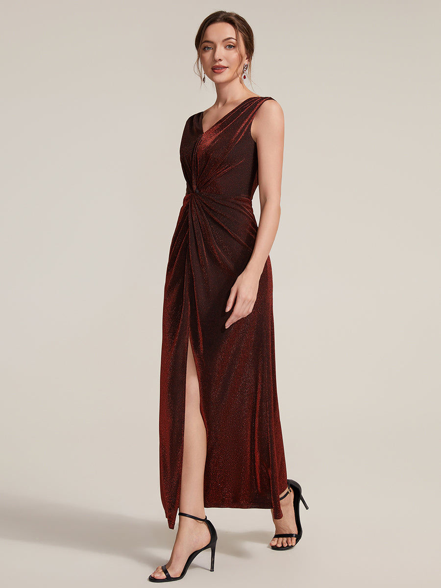Color=Burgundy | Factory Design Sleeveless High Stretch V-Neck Sheath Maxi Dress with Knot Detail; Evening Dresses-Burgundy 4