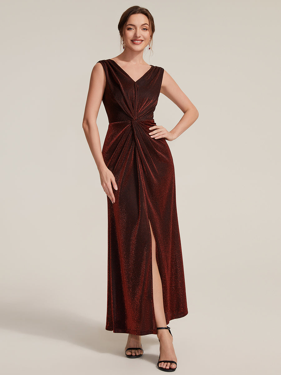 Color=Burgundy | Factory Design Sleeveless High Stretch V-Neck Sheath Maxi Dress with Knot Detail; Evening Dresses-Burgundy 5