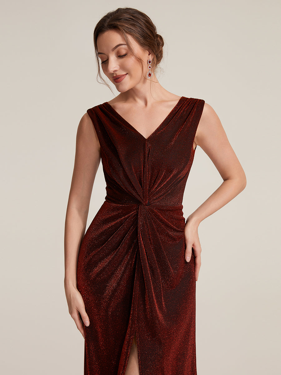 Color=Burgundy | Factory Design Sleeveless High Stretch V-Neck Sheath Maxi Dress with Knot Detail; Evening Dresses-Burgundy 3