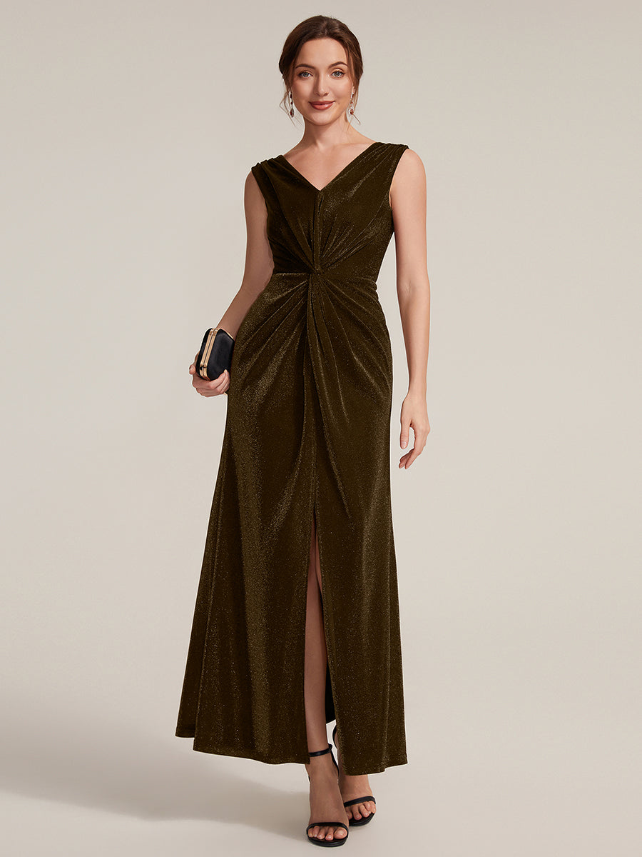 Color=Brown | Factory Design Sleeveless High Stretch V-Neck Sheath Maxi Dress with Knot Detail; Evening Dresses-Brown 6