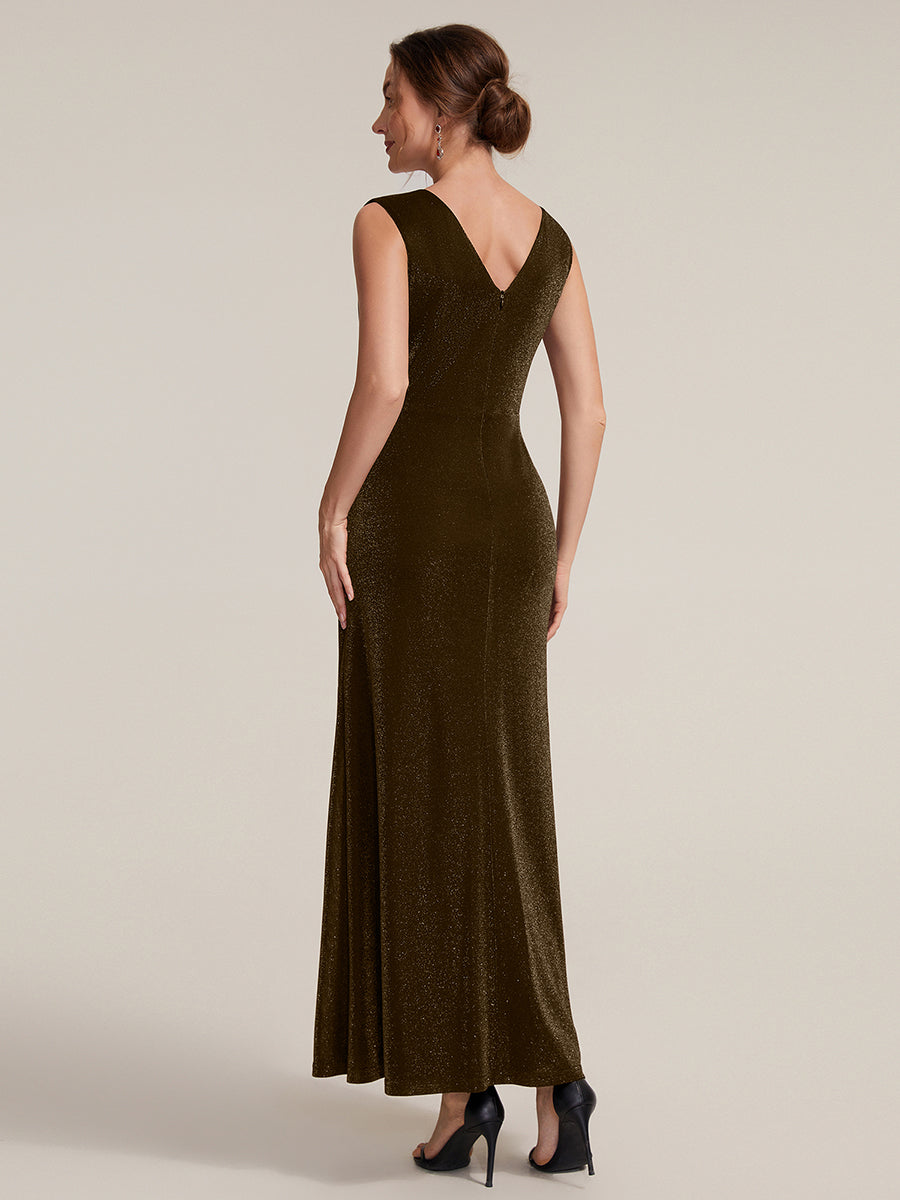 Color=Brown | Factory Design Sleeveless High Stretch V-Neck Sheath Maxi Dress with Knot Detail; Evening Dresses-Brown 7
