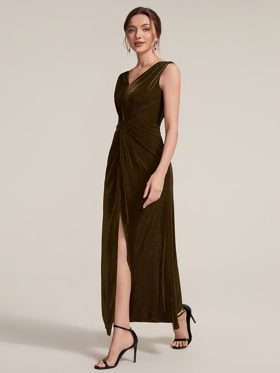 Color=Brown | Factory Design Sleeveless High Stretch V-Neck Sheath Maxi Dress with Knot Detail; Evening Dresses-Brown 9