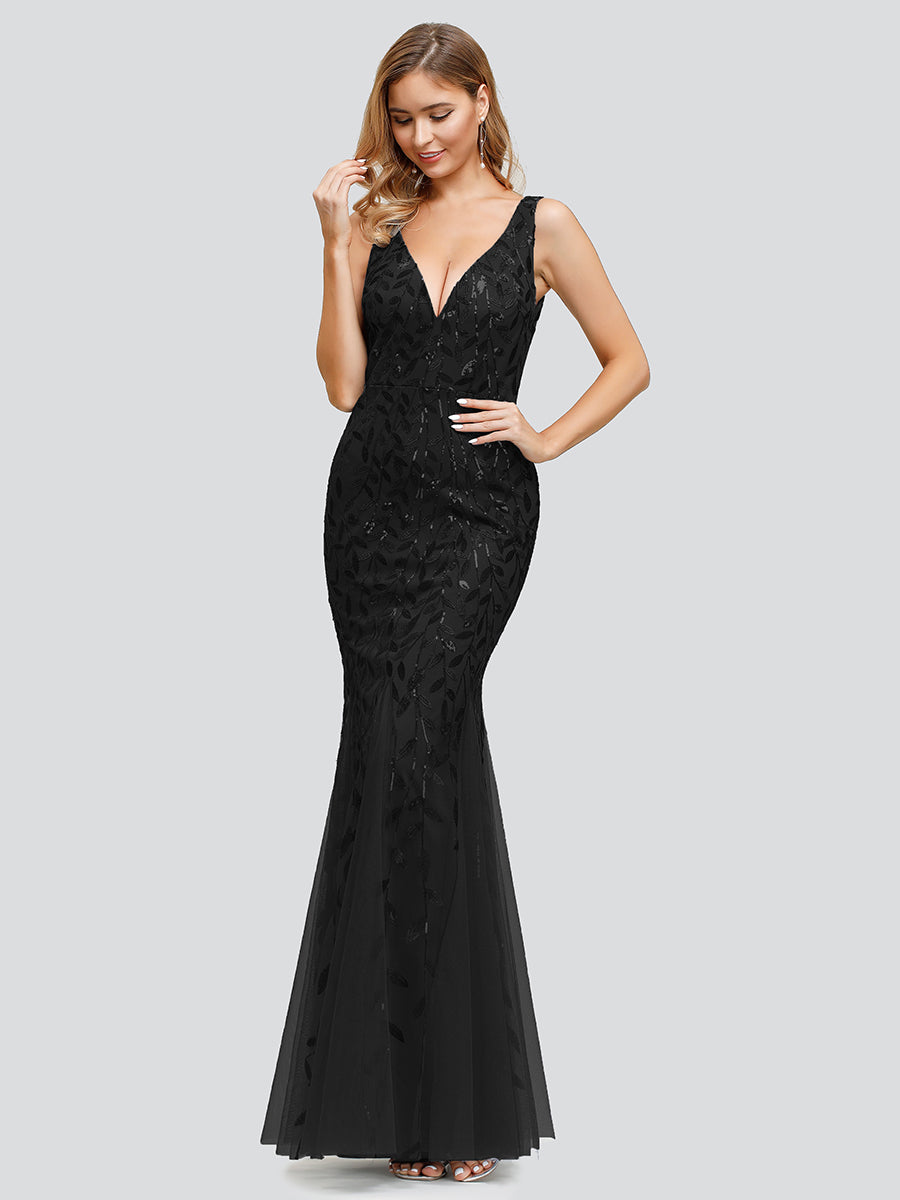 Color=Black | Volume Discounts Strapless Deep V-Neck Sequin Fishtail Maxi Evening Dresses-Black 1