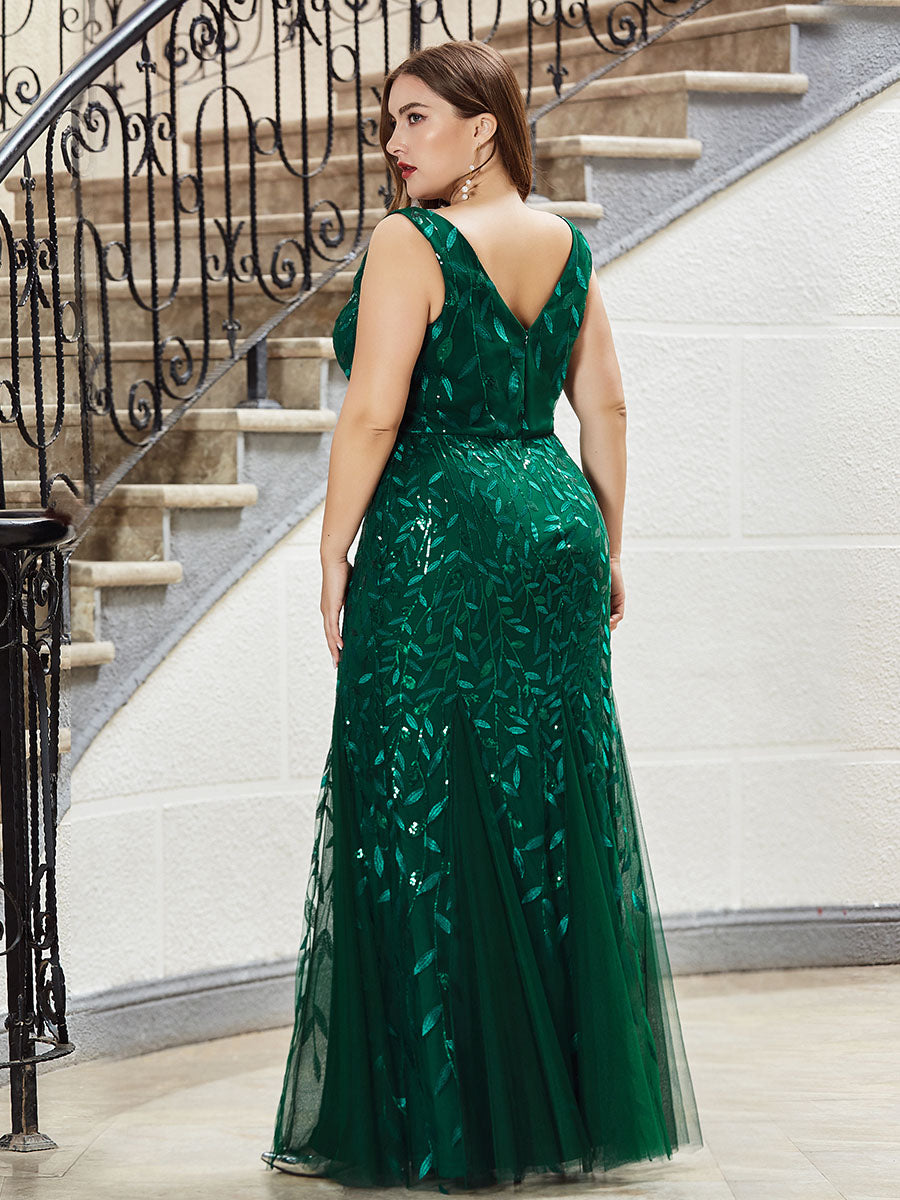 Color=Dark Green | Commercial Wholesale Strapless Deep V-Neck Sequin Fishtail Maxi Evening Dresses-Dark Green 7