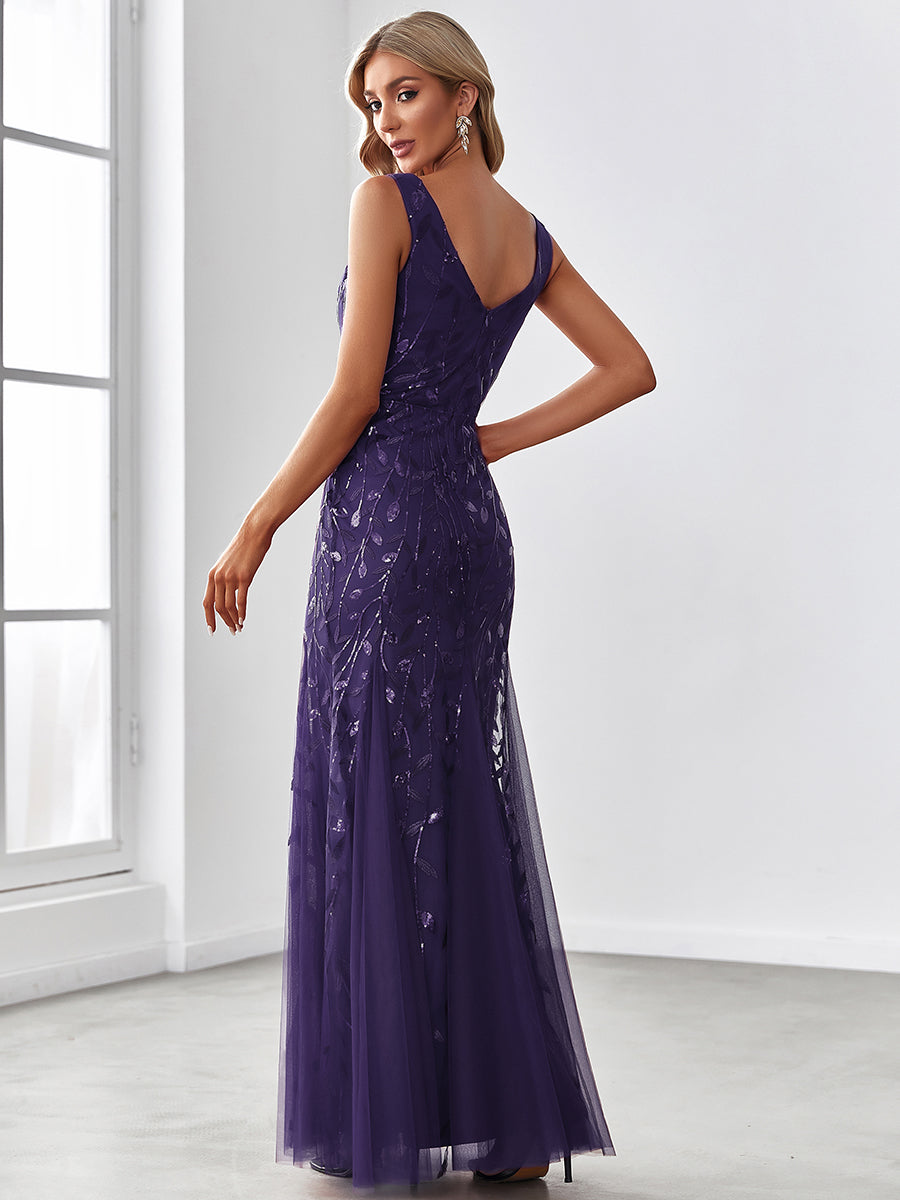 Color=Dark Purple | Commercial Wholesale Strapless Deep V-Neck Sequin Fishtail Maxi Evening Dresses-Dark Purple 22