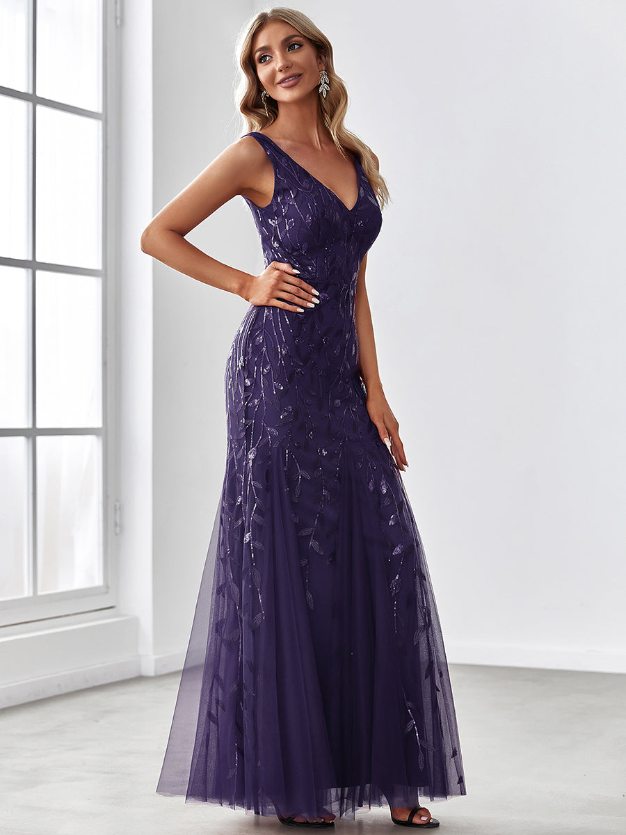 Color=Dark Purple | Commercial Wholesale Strapless Deep V-Neck Sequin Fishtail Maxi Evening Dresses-Dark Purple 24