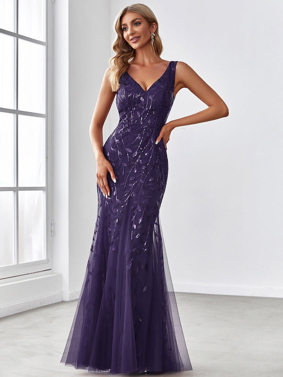 Color=Dark Purple | Commercial Wholesale Strapless Deep V-Neck Sequin Fishtail Maxi Evening Dresses-Dark Purple 25