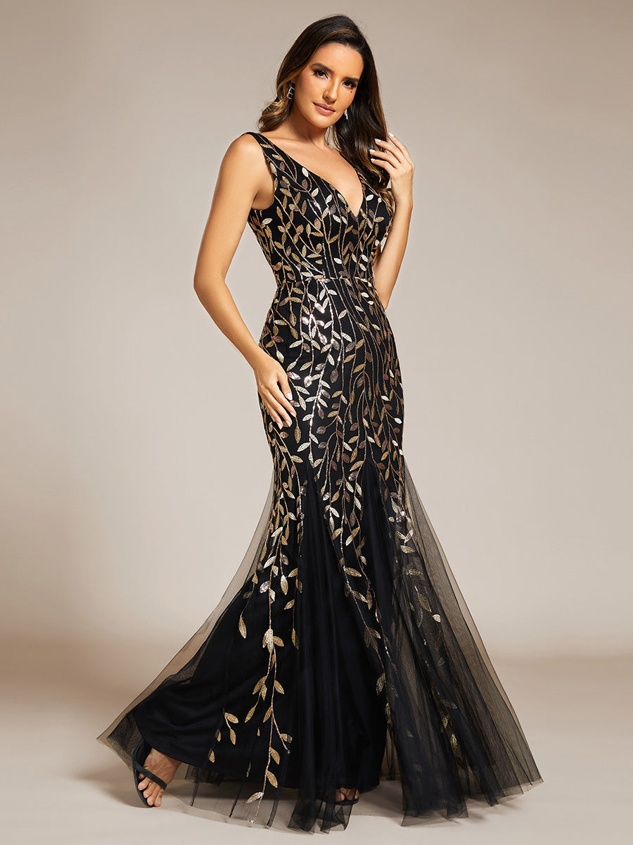 Color=Black Gold | Commercial Wholesale Strapless Deep V-Neck Sequin Fishtail Maxi Evening Dresses-Black Gold 34