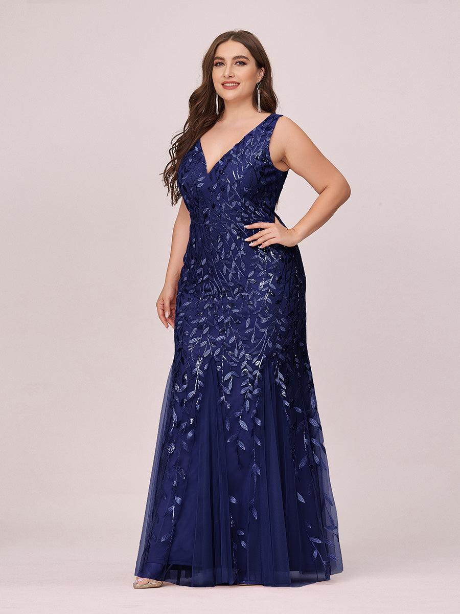Color=Navy Blue | Commercial Wholesale Strapless Deep V-Neck Sequin Fishtail Maxi Evening Dresses-Navy Blue 48
